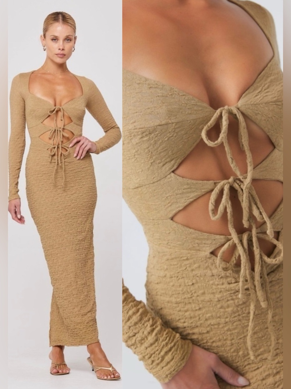 NWOT RESA Simone Dress Moss Tan Brown Bodycon Tie Front Midi/Maxi Size Small